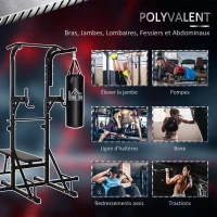 HOMCOM Station de musculation Fitness entrainement complet - barre de traction, à dips, banc de musculation pliable, poignées push-up, sac de frappe - acier noir(m-4)