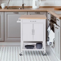 HOMCOM Kitchen Storage Trolley Cart Rolling Wheels Shelves Cupboard W/ Drawer And Towel Rail Rubber Wood Worktop White(m-9)