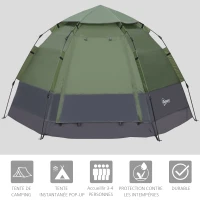 Outsunny Tente pop up tente de camping 3-4 pers. tente dôme étanche légère ventilée facile à monter 2 grandes portes dim. 2,6L x 2,6l x 1,5H m fibre verre polyester oxford vert gris(m-4)