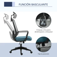 Vinsetto Silla de Oficina Ergonómica Silla Escritorio Giratoria con Altura Ajustable Soporte Lumbar Reposabrazos y Reposacabezas Regulable Malla Transpirable 63,5x63x116,5-125,5 cm Azul y Gris(m-5)