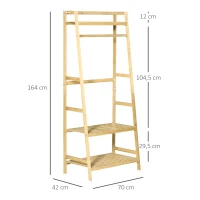 HOMCOM Perchero de Pie de Bambú Perchero Trapezoidal con Estantería de 3 Niveles con Barra y Colgador Lateral para Ropa Bolsas para Pared Dormitorio 70x42x164 cm Natural(m-3)