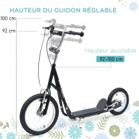 HOMCOM Trottinette patinette Vélo Enfant à partir de 5 Ans Tout Terrain Grands pneus gonflables Guidon réglable poignées Freins et béquille pour Adultes et Enfants Acier Noir(m-4)