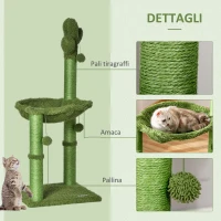 PawHut Albero Tiragraffi per Gatti fino 4.5kg a Forma di Cactus con Palline e Amaca, 40x40x96cm - Verde(m-5)
