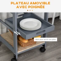 HOMCOM Chariot de service desserte de cuisine à roulettes panier + 2 plateaux amovibles, tiroir, étagère en bois chêne clair(m-5)