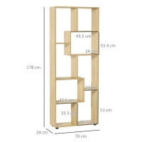 HOMCOM Bookshelf, Tall Bookcase, Modern Room Divider, 8 Cube Storage Unit, Freestanding Storage Shelf for Living Room, Bedroom, Home Office, 70 x 24 x 178 cm, Natural(m-3)