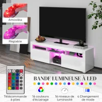 HOMCOM Meuble banc TV, meuble de télévision, jusqu'à 55 pouces, avec LED, étagères et placards, 150 x 38 x 45 cm, blanc laqué(m-4)