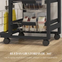 HOMCOM Carrito de Cocina con Ruedas Carrito Multiusos con Cajón 4 Cestas Extraíbles de Metal y Bastidores 47x37x83 cm Negro(m-5)