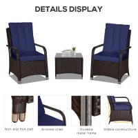 Outsunny 3 Pieces Rattan Bistro Set with Furniture Cover, Wicker Garden Furniture Set, Glass Top Coffee Table and Chairs with Cushions for Outdoor, Patio, Balcony, Dark Blue(m-4)