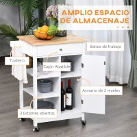 HOMCOM Carrito de Cocina Carro Auxiliar con Ruedas 1 Cajón 1 Armario 3 Estantes Abiertos de Almacenamiento para Comedor 66x39,5x86,5 cm Blanco(m-4)