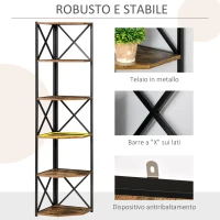 HOMCOM Libreria Angolare a Muro, Scaffale Stile Industriale in Legno e Metallo con 5 Ripiani, 39x39x175cm, Marrone Rustico(m-5)