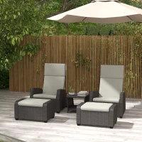Outsunny 5-Piece Rattan Patio Reclining Chair Set with Footstools, Coffee Table, Cushions, for Outdoor Garden, Brown(m-2)