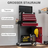 HOMCOM Rollbarer Werkzeugschrank, Stabiler Schrank mit oberer Werkzeugkiste und Schubladen, abschließbar, Metall, Schwarz+Rot(m-4)
