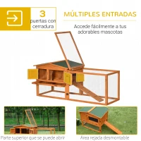 PawHut Conejera de Madera Exterior Jaula para Conejos de 2 Niveles 156x58x68 cm con Techo Asfáltico 2 Corrales de Metal Bandeja Extraíble 2 Puertas Ventana y Rampa Natural(m-4)