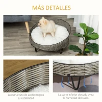 PawHut Cama para Perros Gatos de Mimbre Redonda Cesta Ratán para Mascotas Pequeños con Cojín Lavable y Patas Elevadas de Acero Ø60x32 cm Gris y Blanco(m-5)