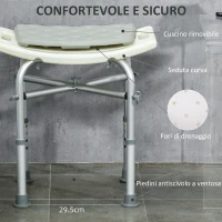 HOMCOM Sgabello da Doccia in Alluminio con Altezza Regolabile, Cuscino e Piedini Antiscivolo, Bianco(m-4)