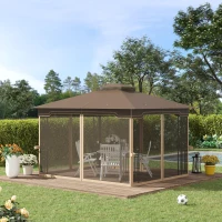 Outsunny Gazebo da Giardino con Zanzariera, Doppio Tetto e Struttura Metallo, 3.7x3m Marrone e Beige(m-2)