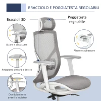 Vinsetto Sedia Ergonomica da Ufficio con Poggiatesta, Inclinazione e Altezza Regolabile, Poltrona Girevole Basculante con Ruote e Schiena in Rete, 67x65x120-128cm, Grigio(m-4)