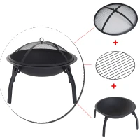 Outsunny brasero cheminée foyer extérieur 71L x 71l x 40H cm pieds rétractables grille à charbon couvercle tisonnier métal noir(m-7)