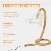 HOMCOM Tischlampe mit Hanfseilbasis und Lampenschirm aus Leinenoptik, E14 Lampensockel, Hanf, Polyester, Metall, 29,5 x 21 x 43,5 cm(m-4)