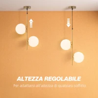 HOMCOM Lampada a Sospensione con 2 Paralumi in Vetro e Filo Regolabile, in Metallo, 32x15x51 cm, Bianca e Oro(m-5)