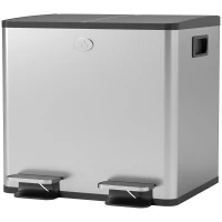 HOMCOM Papelera de Cocina de Acero Inoxidable con 2 Compartimentos 2x15L Pedales Tapas de Cierre Suave y Cubo Extraíble Plata(m-10)