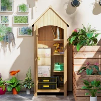 Outsunny Casetta da Giardino in Legno di Abete con Anta, Armadio da Esterno Porta Attrezzi da Giardino con 3 Mensole e Tetto in Asfalto Impermeabile, 77.5x54.2x179.5cm(m-7)