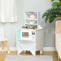 HOMCOM Kids Wooden Toy Kitchen Play Cooking Set Pretend Role Playset, Multiple Storage, with Cooking Bench, Pots, Storage Basket, for 3-6 Years(m-10)