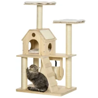 PawHut Árbol Rascador para Gatos Torre para Gatos con Camas Cueva Rodillo Postes de Sisal y Rampa 70x50x125 cm Natural(m-1)