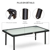 Outsunny Table basse de jardin plateau verre trempé 5 mm résine tressée imitation rotin noir(m-6)
