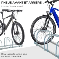 HOMCOM Râtelier 5 vélos range-vélos support de rangement pneu 65 mm sol ou mural pour VTT enfants BMX 145 x 33 x 27 cm acier argent(m-6)