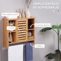 kleankin Armario de Pared de Bambú Mueble Colgante de Baño con 4 Compartimientos y Toallero 65x17,8x54,6 cm Natural(m-4)