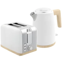 HOMCOM Stainless Steel Kettle and Toaster Set, 1.7L 3000W Fast Boil Kettle & 2 Slice Toaster Kitchen Set with 7 Level Browning Controls, Defrost, Reheat, Auto Off, Boil-dry Protection, White(m-1)