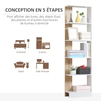 HOMCOM Bibliothèque Étagère de Rangement avec 5 Compartiments Ouverts Design Simple Moderne Idéale pour Salon Chambre Bureau 45 x 21 x 170 cm Blanc et Chêne(m-6)