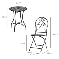 Outsunny 3 Pieces Garden Bistro Set with Coffee Table and 2 Folding Single Chairs, Mosaic Garden Table Top and Seats, Metal Frame, for Patio Balcony, Black(m-3)