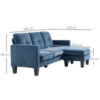 HOMCOM Sofá Esquinero en Forma de L Tapizado Poliéster Sofá Chaise Longue Reversible con 3 Cojines  186x130x84cm Azul(m-3)