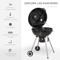 Outsunny Barbacoa de Carbón BBQ Picnic Ahumador Parilla con Termómetro Jardín Exterior Acampada Parilla de Carbón Vegetal con Ruedas y Estante Tapa y Tazón Esmaltados(m-6)