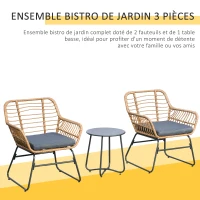 Outsunny Ensemble Bistro de Jardin 2 Places 3 pièces Style Exotique 2 fauteuils + Table Basse résine tressée Beige Acier époxy Gris(m-4)
