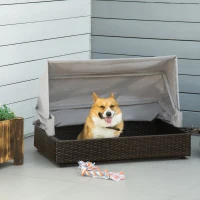 PawHut Rattan Hundehütte mit Dach Hundeliege Hundehaus Haustierbett Hundebett Hundekorb Hundesofa Hunde Outdoor Kissen Kaffee+Grau 90 x 60 x 65 cm(m-2)
