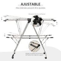 HOMCOM Séchoir à linge étendoir pliable avec roulettes grand espace d'étendage acier inoxydable 138,5 x 63 x 208 cm argent noir(m-6)