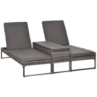 Outsunny dreiteiliges Set Sonnenliege mit verstellbarer Rücklehne Garten Liege Teetisch Flammhemmende Polsterung Metall PE-Rattan Polyester Grau 195 x 60 x 86 cm(m-1)
