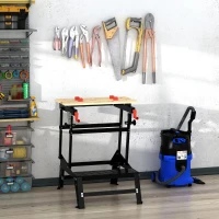 HOMCOM Banco da Lavoro Pieghevole con Altezza Regolabile, 4 Morsetti e Fori per Utensili, in Metallo e Bambù, 68x60x21-78cm, Nero(m-2)