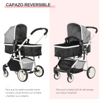 HOMCOM Silla de Paseo 2 en 1 Cochecito de Bebé y Capazo para Niños de 0-36 Meses con Capota Plegable Respaldo Reclinable Cesta Grande Palanca de Freno Carga 15kg 80x51x102 cm Gris(m-6)