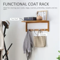 HOMCOM Wall Mounted Coat Clothes Hat Hanger 4 Hooks Rack Stand with Rail & Storage Shelf for Hallway Entryway Bedroom Bathroom(m-4)