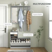 HOMCOM Mobile Appendiabiti 3 in 1 con Scarpiera e Specchio, Ganci e Cassetti, in Legno, 90x10x102 cm, Bianco e Grigio(m-4)