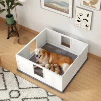 PawHut Whelping Box for Dogs with Whelping Pad, Adjustable Entrance, Non-slip Foot Pads, for Large Dogs, 124 x 120cm(m-2)