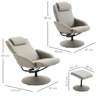 HOMCOM Relaxsessel mit Hocker, 360°drehbarer Fernsehsessel mit Liegefunktion, TV Sessel, Kunstleder, Lesesessel für Wohnzimmer, Schlafzimmer, Grau(m-3)