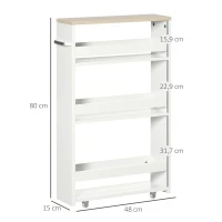 kleankin Chariot de rangement à 3 niveaux chariot de stockage étagère sur roulettes pour cuisine étroite salle de bain buanderie bureau avec poignée - 48 x 15 x 80 cm blanc(m-3)