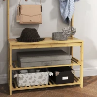 HOMCOM Mobile Appendiabiti 3 in 1 in Bambù con 10 Ganci, 2 Aste e Panca Scarpiera, 70x31x170 cm, Marrone(m-9)