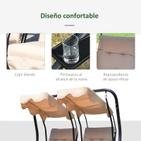 Outsunny Columpio de Jardín de 2 Plazas con Asientos Individuales Cojines Toldos Extraíbles y Mesas Laterales 170x136x170cm Beige(m-6)