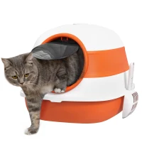 PawHut Foldable Cat Litter Tray with Lid, Deodorant, Scoop, Orange(m-1)
